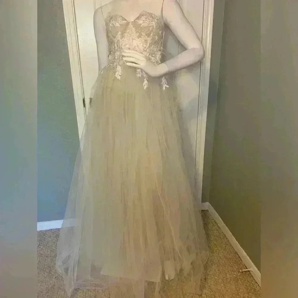 Fashion Nova formal tulle and feathers maxi prom dress.